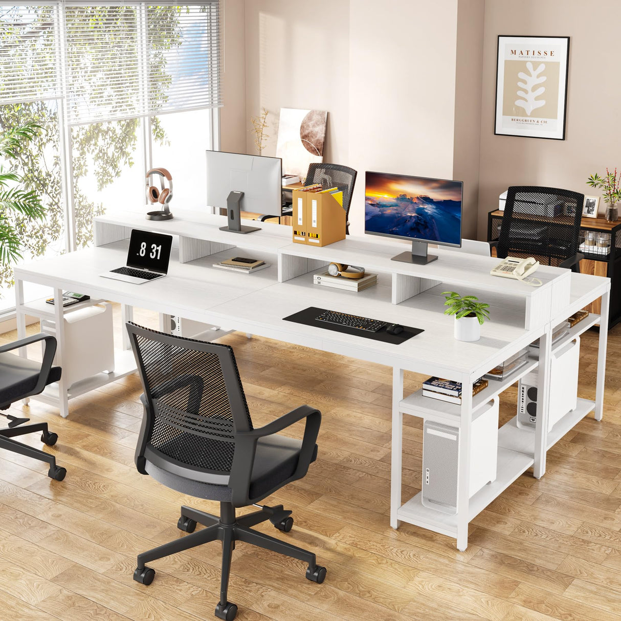 Tribesigns Two Person Desk with Monitor Stand, 78.74" Long Double Computer Office Desk with Storage Shelves, Large Gaming Desk Study Writing Table Workstation for Home Office (White) Tribesigns