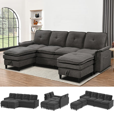 Vlsrka 100" Modular Sectional Cloud Couch with Storage Ottoman, 4-Seater Teddy Velvet Deep Seat Modern Sofa with Removable Cushion for Living Room, Bedroom and Apartment (Dark Grey) Vlsrka