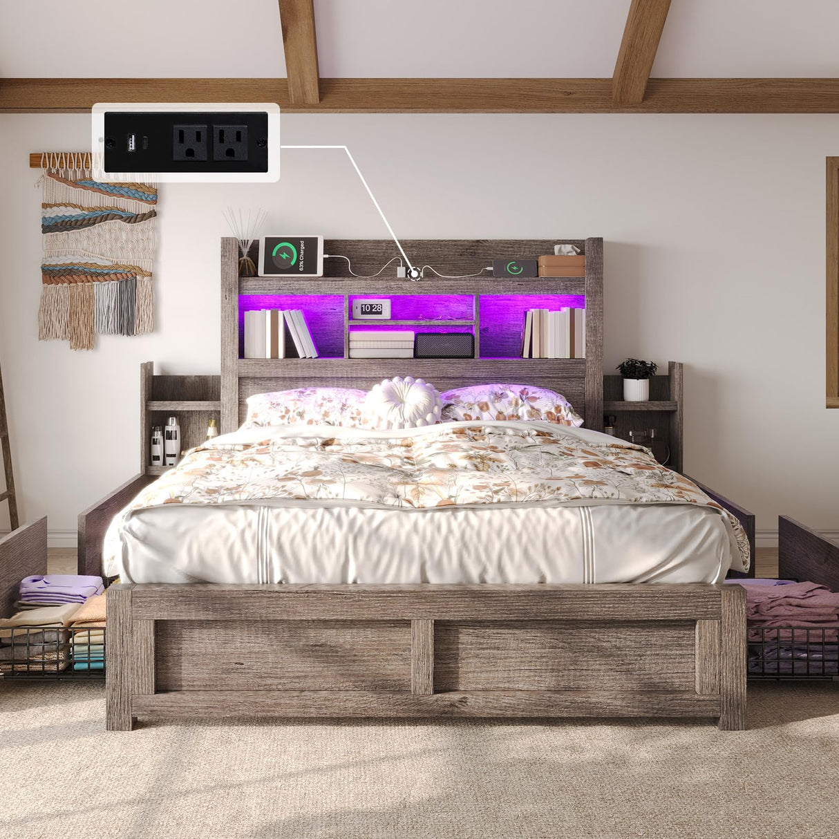LUXOAK Queen Bed Frame with 49.6" Bookcase Headboard & 4 Drawers & 2 Detachable Bedside Stoage Racks, Farmhouse Wood Bed Frame with RGB LED & Charging Station, No Box Spring Needed, Grey LUXOAK