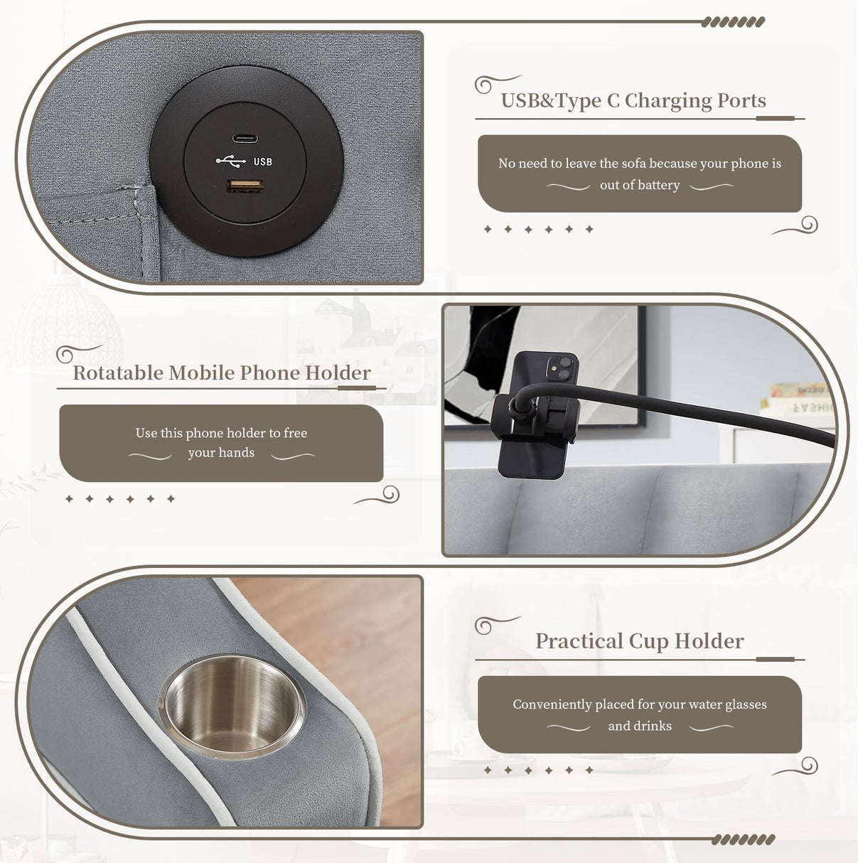 JEEOEHY 3 in 1 Convertible Sleeper Sofa Bed,Velvet Pull Out Couch Bed w USB&Type C Port,Comfy Futon Loveseat w Adjustable Backrest&Phone Stand&Cup Holder for Living Room Apartment Small Space(Grey) JEEOHEY