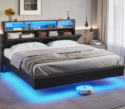 ADORNEVE King Size Floating Bed Frame with LED Lights & Hidden Storage Headboard, Faux Leather Upholstered RGB Floating Bed with USB-C/A Charging Station, No Box Spring Needed, PU Black