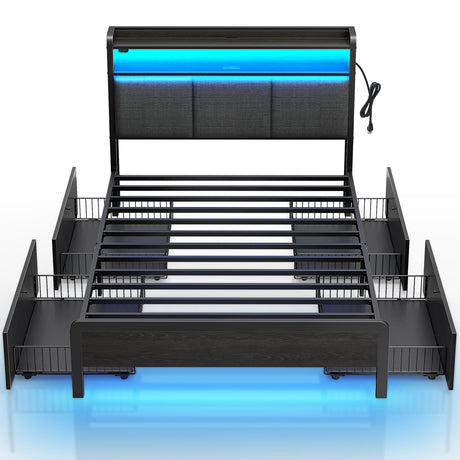 Rolanstar Bed Frame Twin Size with Charging Station and LED Lights, Upholstered Storage Headboard with Drawers, Heavy Duty Metal Slats, No Box Spring Needed, Noise Free, Easy Assembly, Dark Grey Rolanstar
