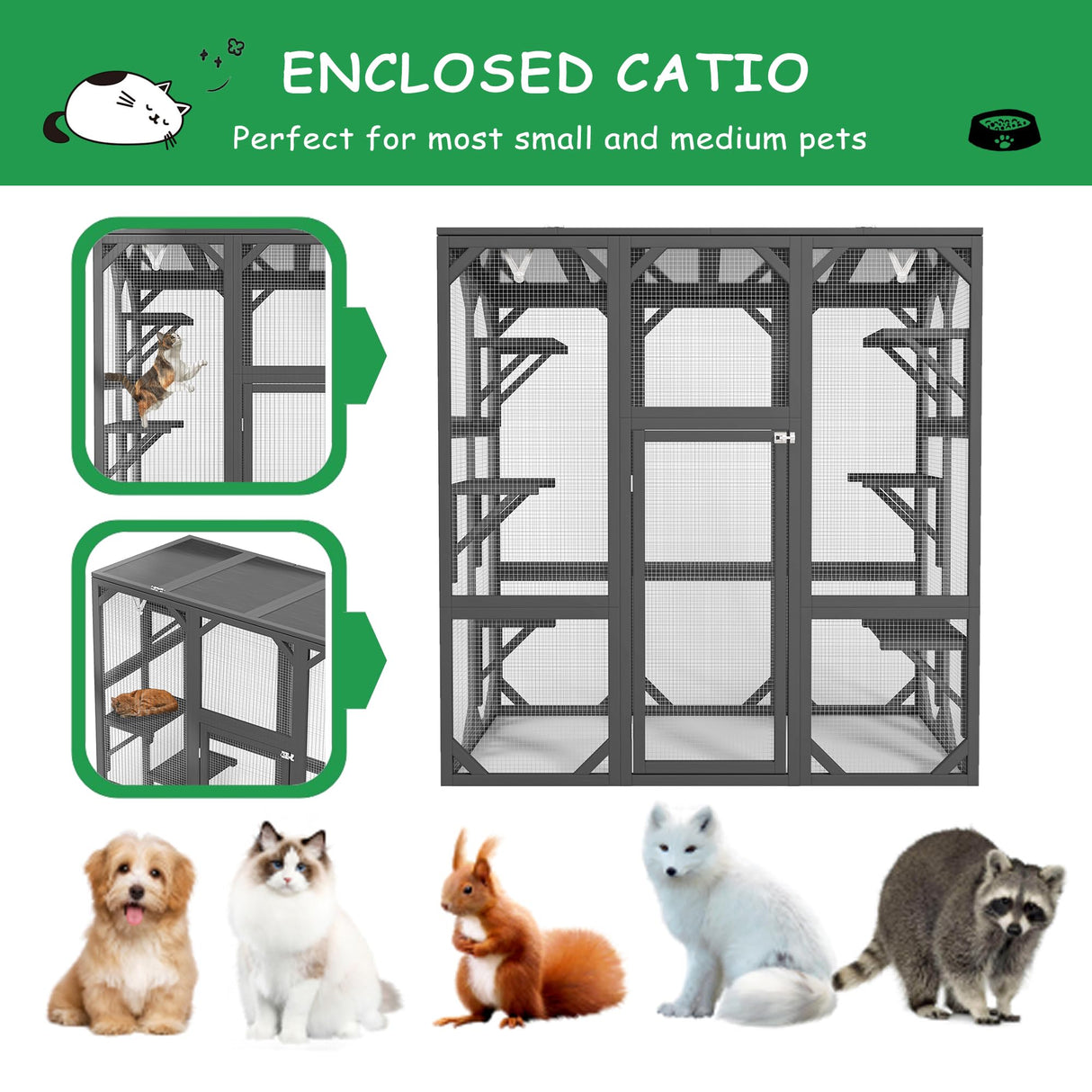 YOPTO 59" Wooden Catio Enclosure Outdoor Cat House with Anti-UV& Waterproof, Platforms and Resting Boxes Walk-in Cat Kennel Shelter for Indoor,Dark Grey YOPTO