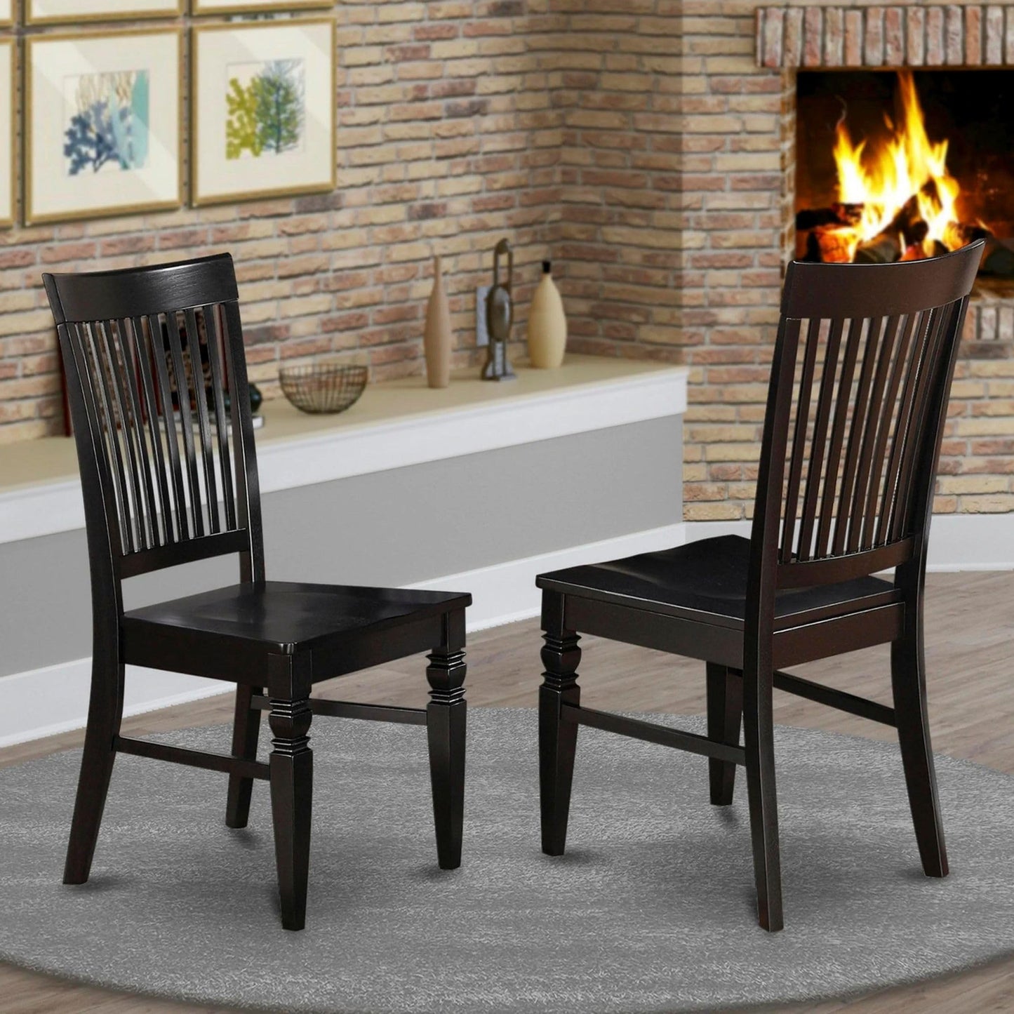 East West Furniture Weston Dining Slat Back Wood Seat Kitchen Chairs, Set of 2, WEC-BLK-W - WoodArtSupply