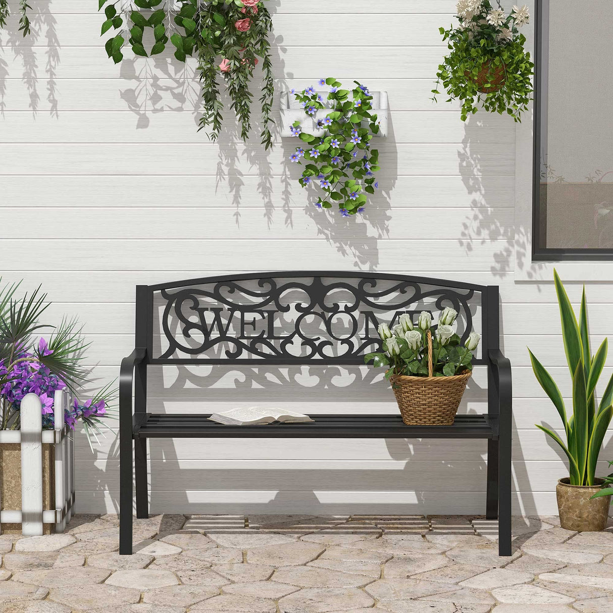 Outsunny 50" Outdoor Metal Welcome Bench, Garden Bench with Slatted Seat, Patio Bench for Park, Porch, Yard, Entryway, Black Outsunny