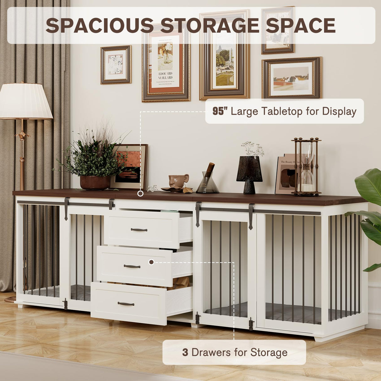 Dog Crate Furniture - Farmhouse Wooden Dog Kennel with Double Sliding Barn Doors & 3 Drawer, 95”x23”x32”H, White MOWPEX