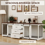 Dog Crate Furniture - Farmhouse Wooden Dog Kennel with Double Sliding Barn Doors & 3 Drawer, 95”x23”x32”H, White MOWPEX