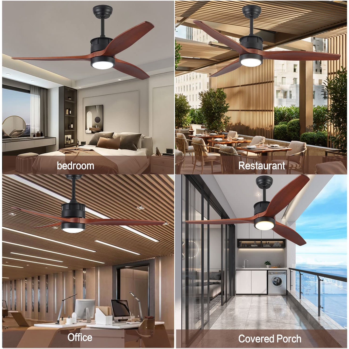 52 Inch Solid Wood Ceiling Fans with Lights Remote Control, Quiet DC Motor 3 Blade Dimmable Modern Indoor Outdoor Ceiling Fan for Living Room,Bedroom,Farmhouse,Office(Black+Solid Walnut Wood)