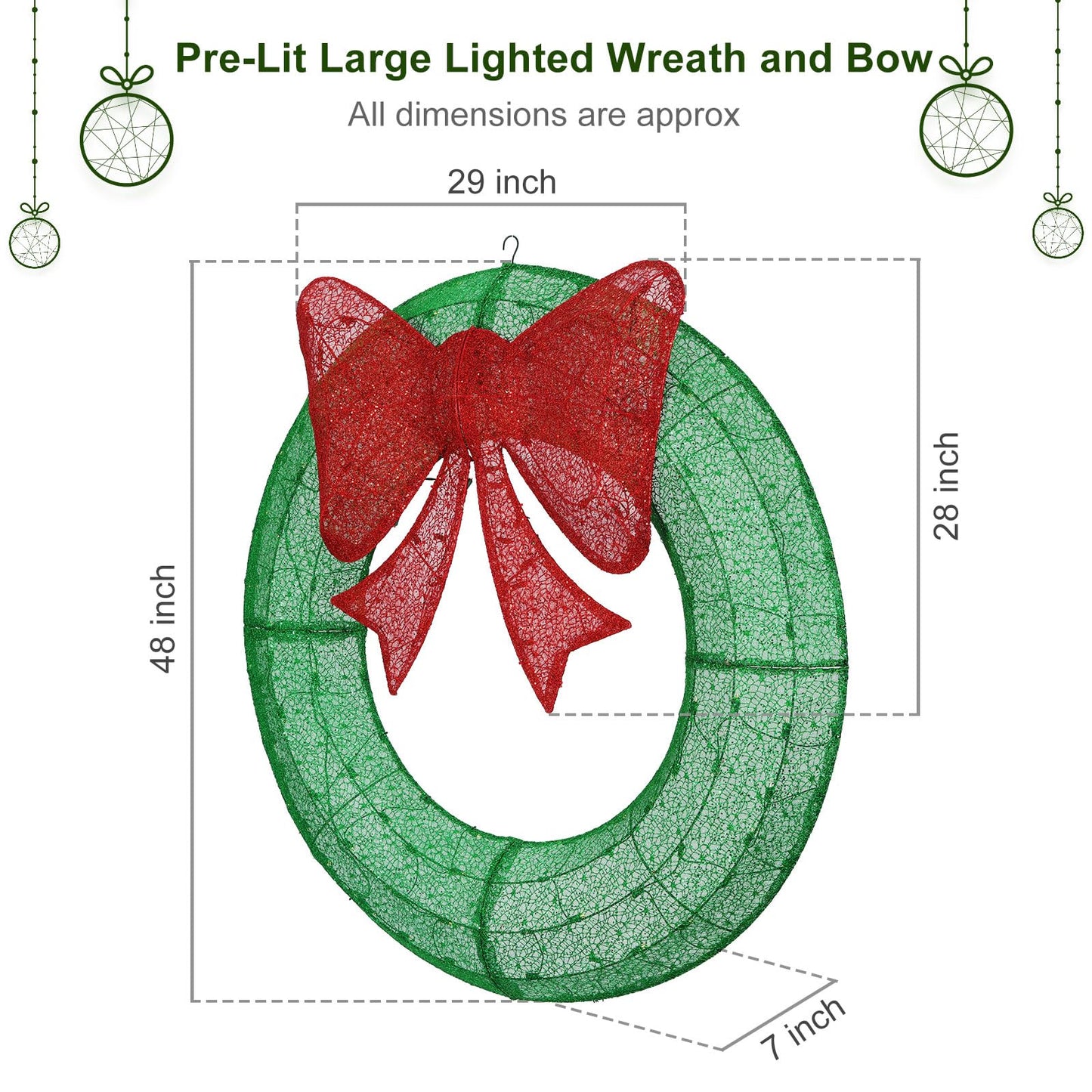 Lighted Christmas Wreaths, 48’’ Handmade Classic Christmas Wreaths with 50 Red and 120 Warm White LED Lights for The Outdoor Christmas Decoration-Green