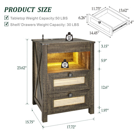 ACTKISS Night Stand with Gun Drawer, Bedside Table with Charging Station & LED Light, Gun Nightstand for Bedroom Living Room, Farmhouse End Table, Rustic ACTKISS