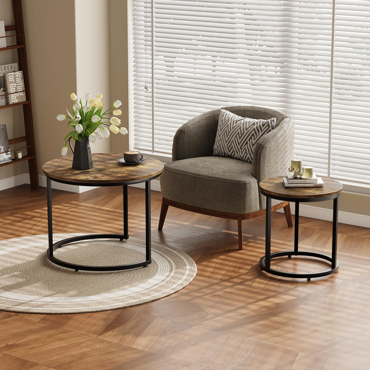 Smuxee Nesting Coffee Table Set of 2, 23.6" Round Coffee Table Rustic Wood Top with Adjustable Non-Slip Feet, Industrial End Table Side Tables for Living Room Bedroom Balcony Yard Smuxee