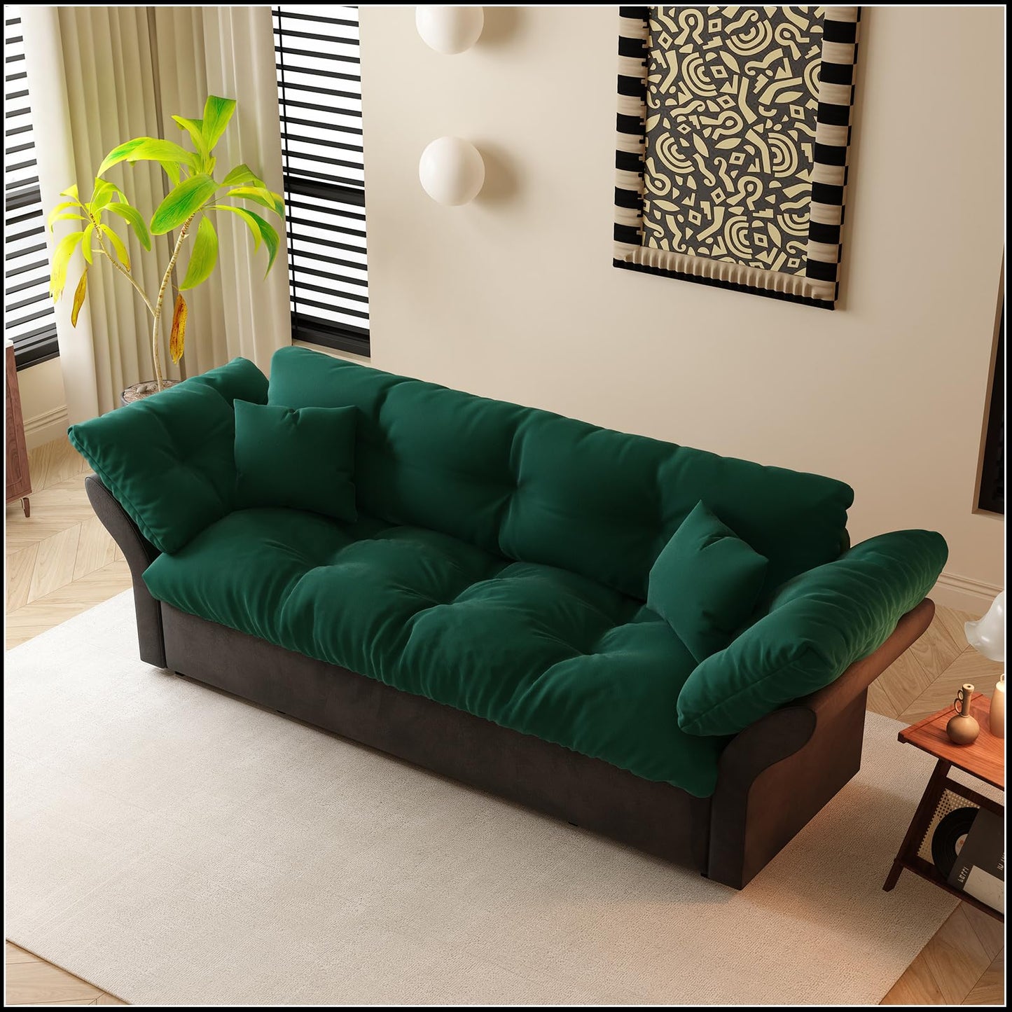 CALABASH 74.8" Futon Sofa Bed Queen Size, Pull Out Bed, 3-in-1 Convertible Sleeper Loveseat Sofa with 2 Soft Pillows, Modern Velvet Futon Couch for Living Room, Apartment, Bedroom, Small Space, Green