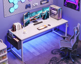 ODK Computer Desk Large Office Desk, 63 Inch Gaming Desk with Storage, Modern PC Desk Work Table with Headphone Hook for Home Office, Splice Board, White + White Leg ODK