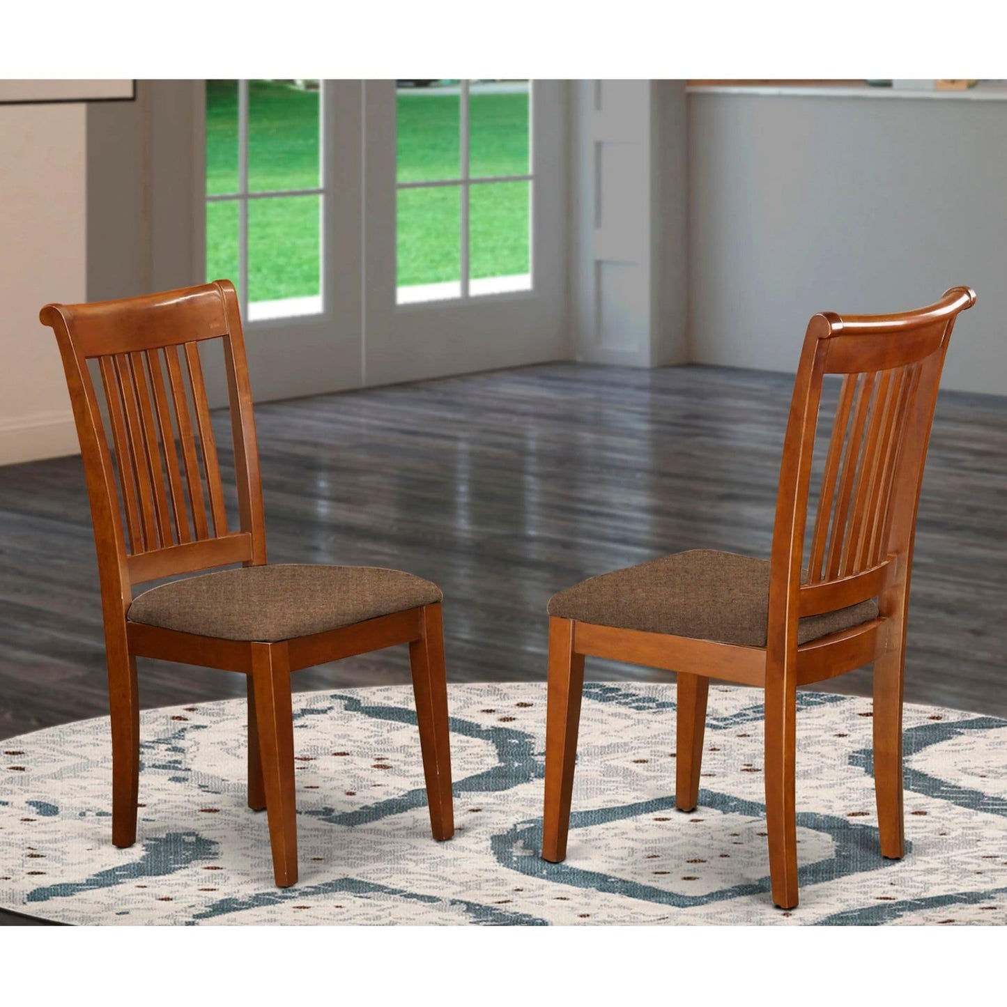 East West Furniture Portland Dining Linen Fabric Upholstered Wooden Chairs, Set of 2, Saddle Brown - WoodArtSupply