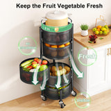 SAYZH Fruit Vegetable Basket for Kitchen, Rotating Storage Rack, 5 Tier Rolling Cart with top lid, Large Metal Wire Wheels, Black SAYZH
