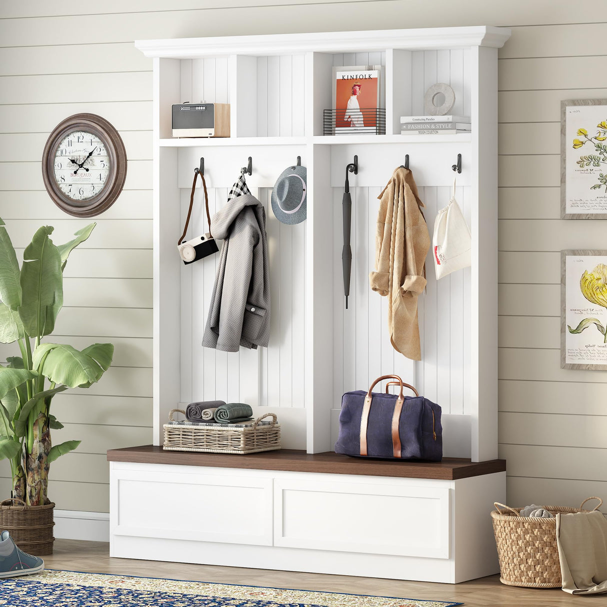 Merax Wood Hall Tree Entryway Bench with 6 Hooks, Farmhouse Mudroom Versatile Coat Racks with 2 Large Drawers Entrance Organizer for Hallway White Merax