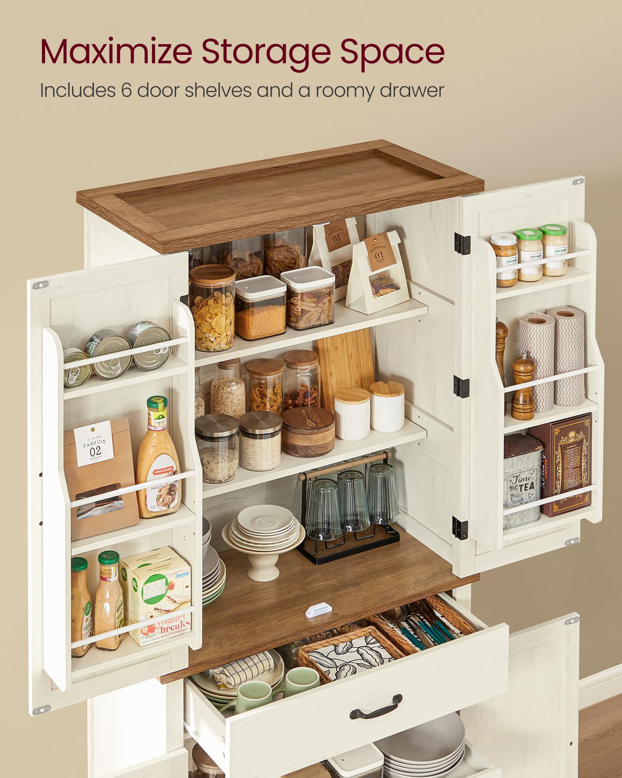 VASAGLE LIRY Collection - Pantry Cabinet, 70.3-Inch Tall Farmhouse Kitchen Storage Cabinet with Barn Doors, Drawer, Tray, Adjustable Shelves, for Kitchen, Dining Room, Rustic White UBBK364W01 VASAGLE