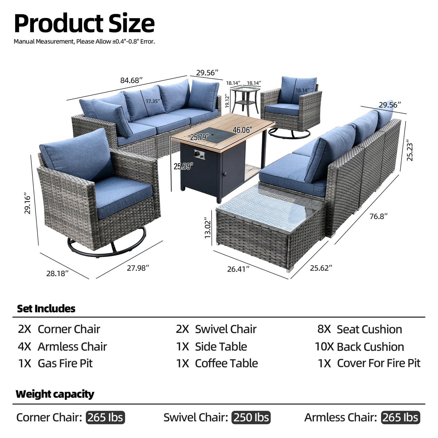 CAODOC 11 Pieces Outdoor Patio Furniture Set, Rattan Wicker Sectional Swivel Rocker Chairs Sets with Fire Pit, Swivel Glider Chairs, and Coffee Table - WoodArtSupply