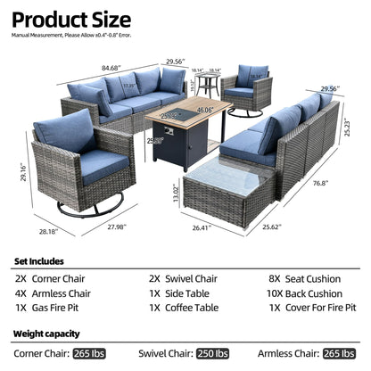 CAODOC 11 Pieces Outdoor Patio Furniture Set, Rattan Wicker Sectional Swivel Rocker Chairs Sets with Fire Pit, Swivel Glider Chairs, and Coffee Table - WoodArtSupply