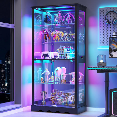 Dystler Display Cabinet with Glass Doors, 71'' Tall Curio Cabinet with RGB Lights for Collectibles, LED Display Case with Removable Shelf for Book/Medal/Figure, Black Dystler