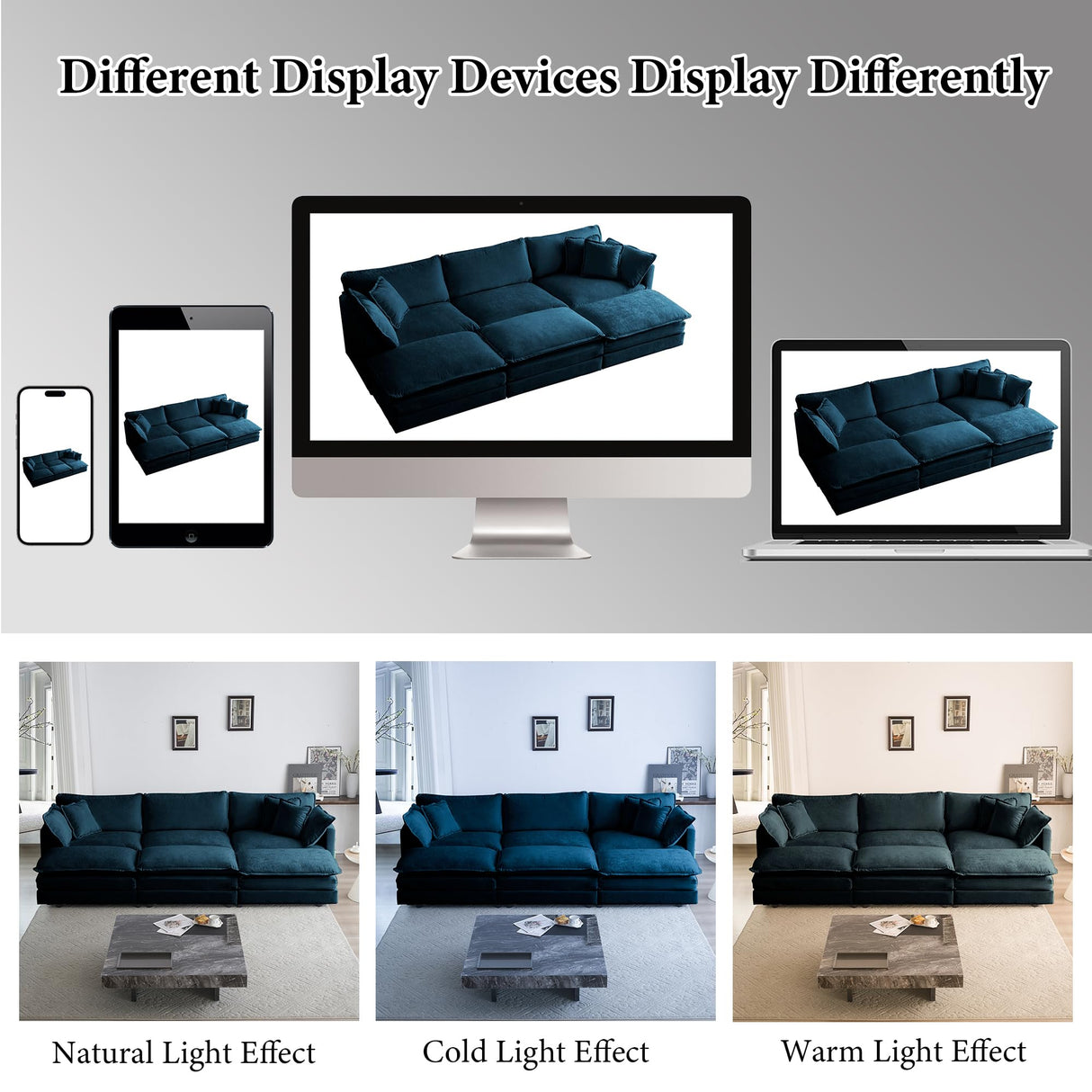 111.42" Deep Seat Sectional Cloud Sofa Sleeper with 3 Ottomans & Soft Pillows, 6 Seat Modular Couch Bed for Living Room, Apartment, Dark Blue Chenille Tmsan