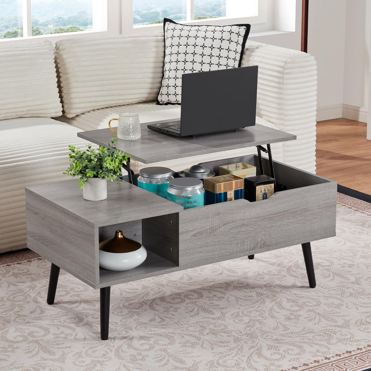 Furrnook 39" Lift Top Coffee Table with Hidden Compartment & Storage Shelf, Multifunctional Desk for Living Room, Home Office, Ergonomic Lift, Ample Storage for Gadgets & Essentials (Gray) Furrnook