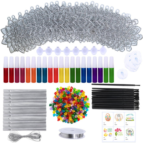 Winlyn 24 Sets Lotus Flower Suncatcher Wind Chimes Decorations DIY Window Paint Art Stickers Craft Kits Flower Sun Catchers for Kids Classroom Birthday Spring Summer Party Activities Art Project Winlyn