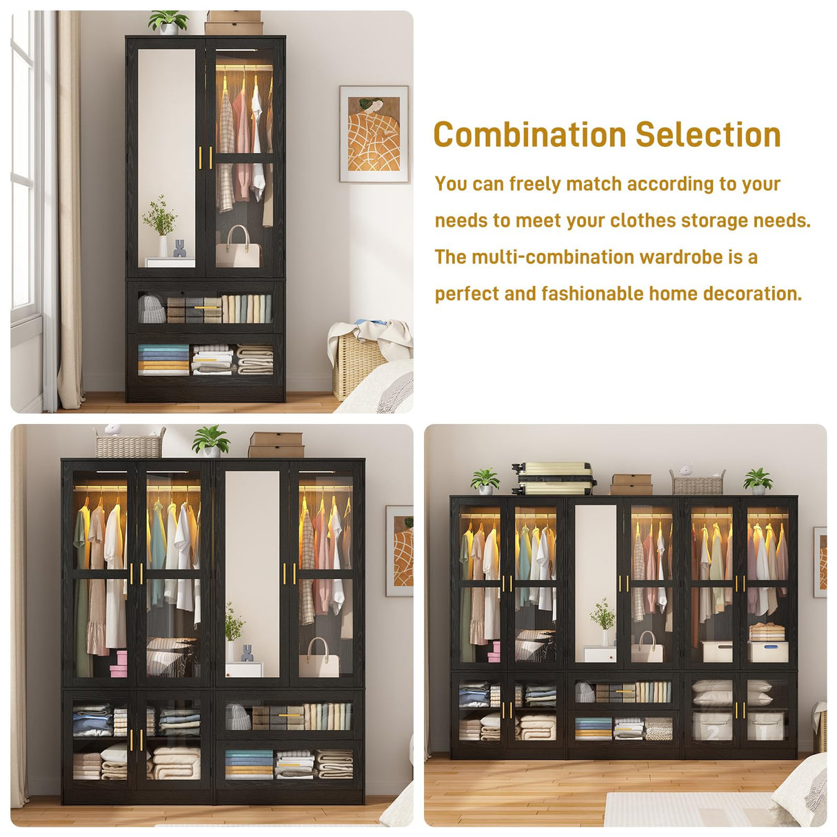 2 Doors Armoire Wardrobe Closet with LED and Mirror,71" H Freestanding Wooden Wardrobe Closet Cabinet for Bedroom w 2 Drawers,Wooden Clothing Storage Cabinet w Hanging Rod,Closets for Bedroom(Black) chartustriable