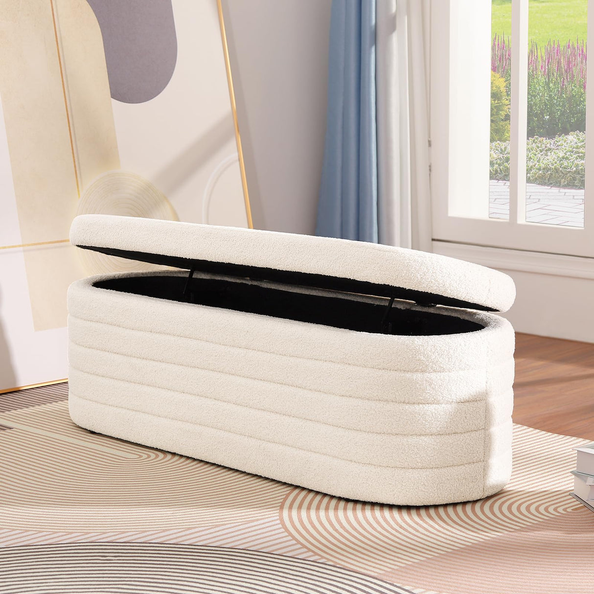 OuchTek Teddy Storage Ottoman Bench Modern Upholstered Storage Bench Sherpa Window Entryway Bench Oval White Ottoman with Storage for Living Room Bedroom Bench End of Bed OuchTek