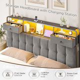 EnHomee King Bed Frame with 4 Storage Drawers King Size Bed Frame with Headboard Built in Charging Station and LED Lights, No Noise, No Box Spring Needed, Easy Assembly, Grey EnHomee