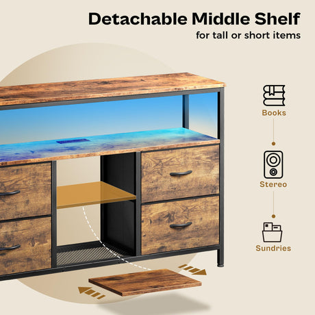 Huuger 47 Inch TV Stand Dresser with Power Outlets and LED Lights, Fabric Dresser for Bedroom, 4 Drawers Entertainment Center with Open Shelf, Media Console for 55 50 Inch TV, Rustic Brown Huuger