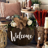 MayAvenue Welcome Wreaths Decor Sign Front Door, Round Wood Hanging Sign with Ribbon Bow and Artificial Green Leaves, Farmhouse Porch Decorations for Home Thanksgiving, Brown DOFAFALA