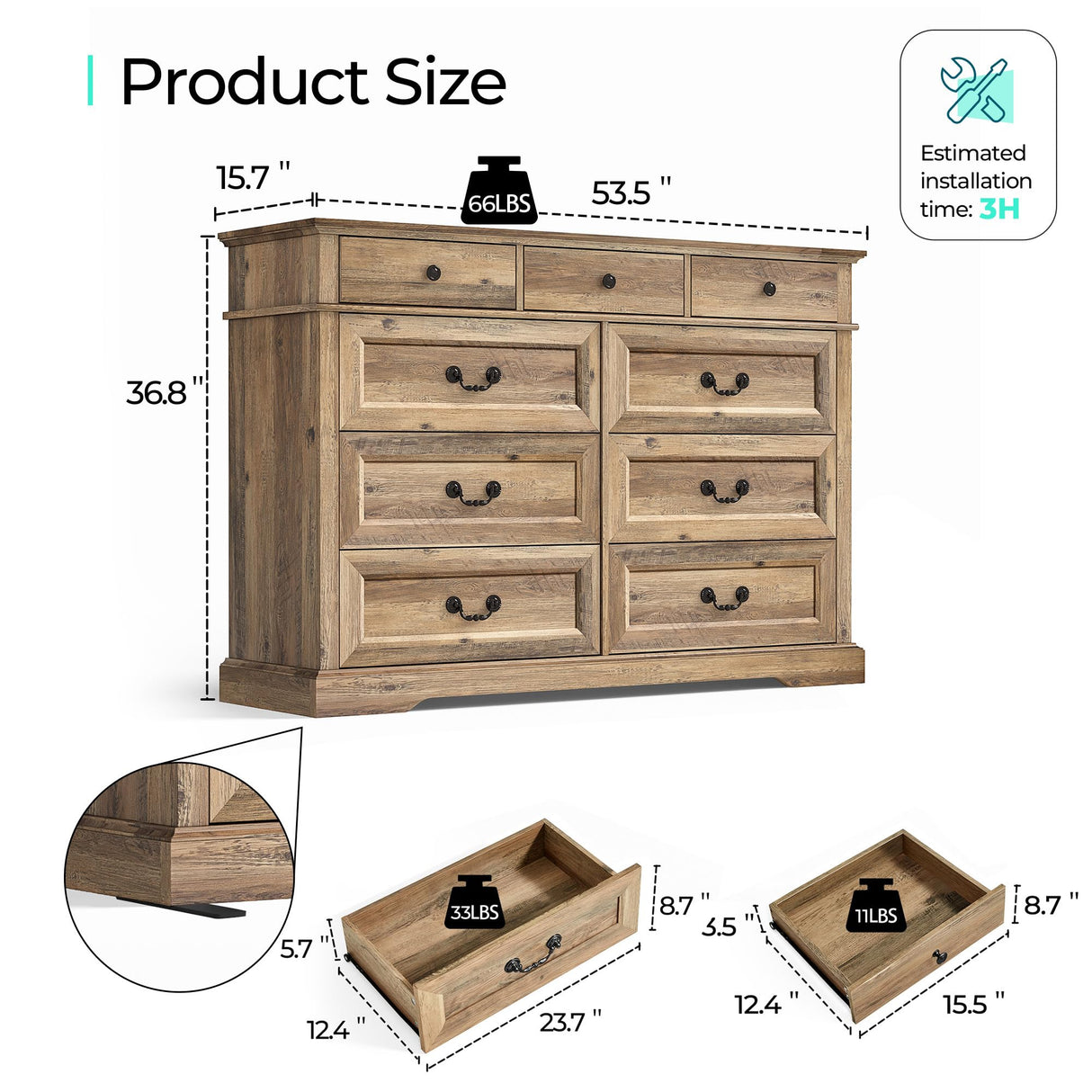 LINSY HOME 9 Drawers Dresser for Bedroom, Wide Wood Chest of Drawers with Metal Handle, Farmhouse Tall Drawer Organizer for Bedroom, Closet, Living Room, Hallway and Entryway, Rustic Oak LINSY HOME