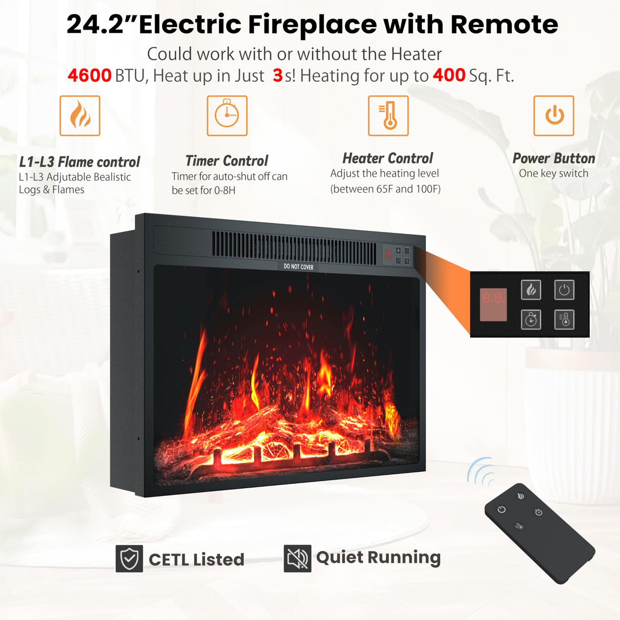 Kurapika Fireplace TV Stand for up to 75" TV, Farmhouse Entertainment Center with 24" Fireplace, 67" Media Console Cabinets for Living Room w/Storage Shelves, Remote Control, White Kurapika