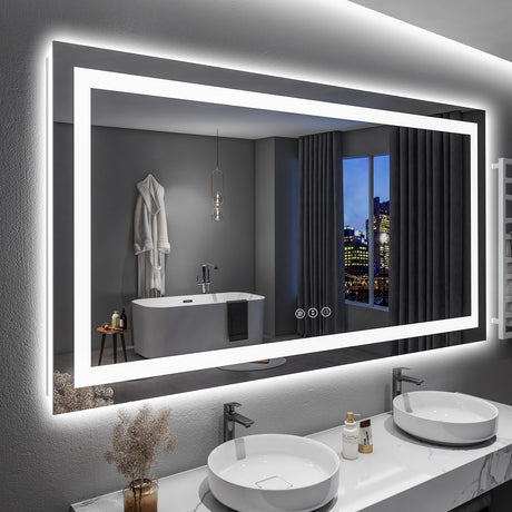 YEELAIT 60x36 Inch LED Bathroom Mirror with Lights Front and Backlit Lighted Vanity Mirror for Bathroom Wall with 3 Colors Dimmable Anti-Fog Memory Shatter-Proof IP54 Waterproof Horizontal/Vertical YEELAIT