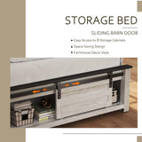 madeslves Wooden Bed Frame Full Size with Sliding Barn Door Storage Cabinets and Headboard, Farmhouse Platform Bedframe with Charging Station & Lights, Noiseless, No Box Spring Needed, White madeslves