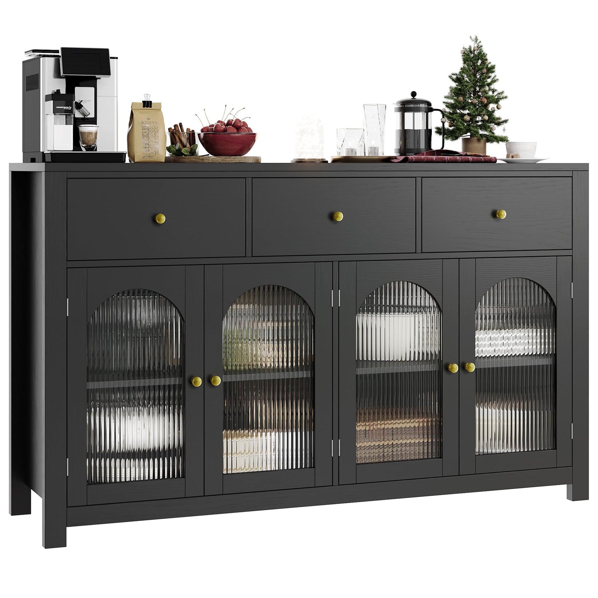 finetones Buffet Cabinet with Storage, 55.1" Large Sideboard Buffet Cabinet, Farmhouse Kitchen Cabinet Display Cabinet with 3 Drawers and 4 Doors, Wood Coffee Bar Cabinet for Kitchen, Black - WoodArtSupply