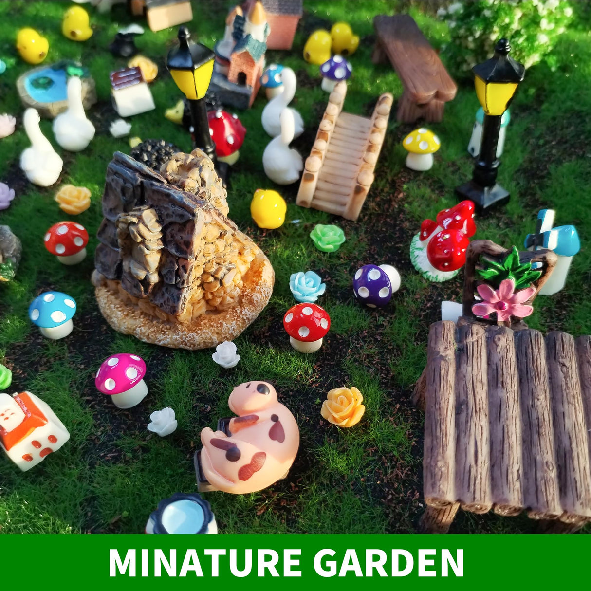 67PCS Cute Fairy Garden Accessories Miniature Figurines Mini Resin Animals Flower Tree House Bridge Mini Figurines Micro Landscape Decoration Fairy Garden Potted Plant Terrarium Decor Outdoor RFSRZ