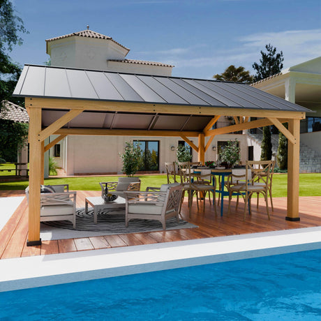 Yardsight 13' x 15' Wood Gazebo, Hardtop Cedar Gazebo with Galvanized Steel Roof, Permanent Outdoor Pavilion for Garden, Patio, Deck, Backyard, Lawn. Yardsight