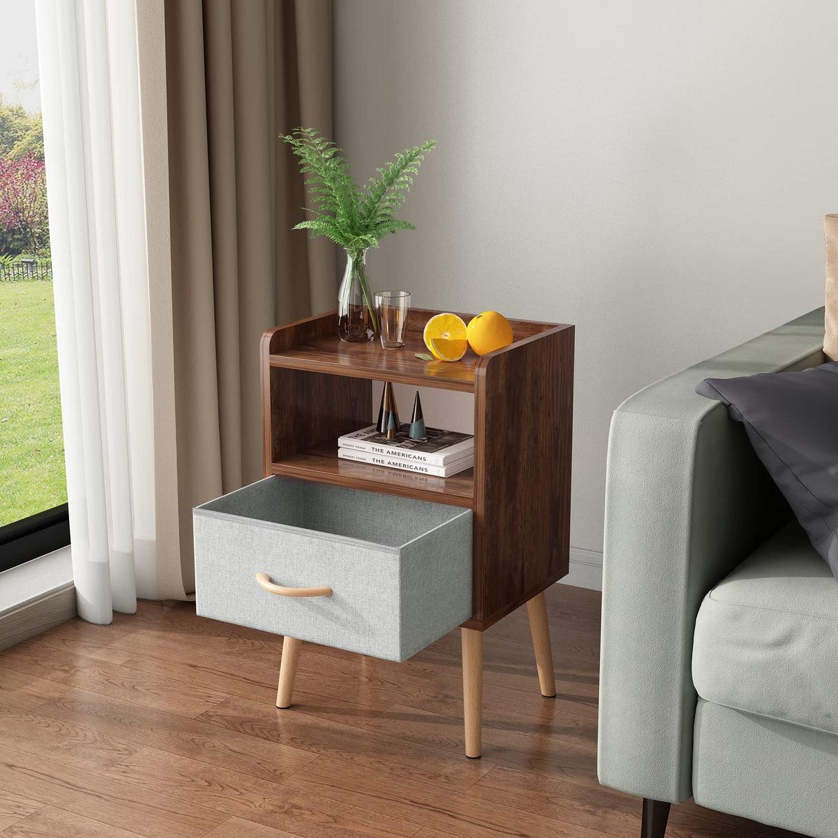 LUCKNOCK NightStand with Fabric Drawer, Bedside Table with Solid Wood Legs, Minimalist and Practical End Side Table with Open Storage Shelf for Bedroom, Rustic Brown. LUCKNOCK