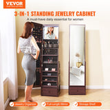 VEVOR 360° Swivel Jewelry Cabinet Armoire, 63-Inch Tall Lockable Jewelry Organizer with Full-Length Mirror, LED Light, Velvet Lining, Drawer, Freestanding, Brown VEVOR