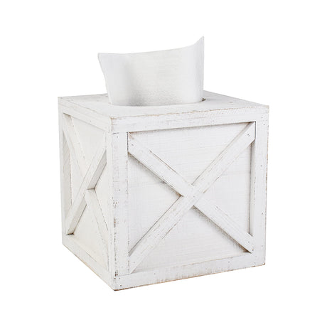 Karisky Farmhouse Square Tissue Box Cover with Slide-Out Bottom Panel, Wood Rustic Paper Facial Tissue Box Cover Holder for Bathroom, Bedroom, Night Stands, Office, 6 x 6 inch, White Karisky