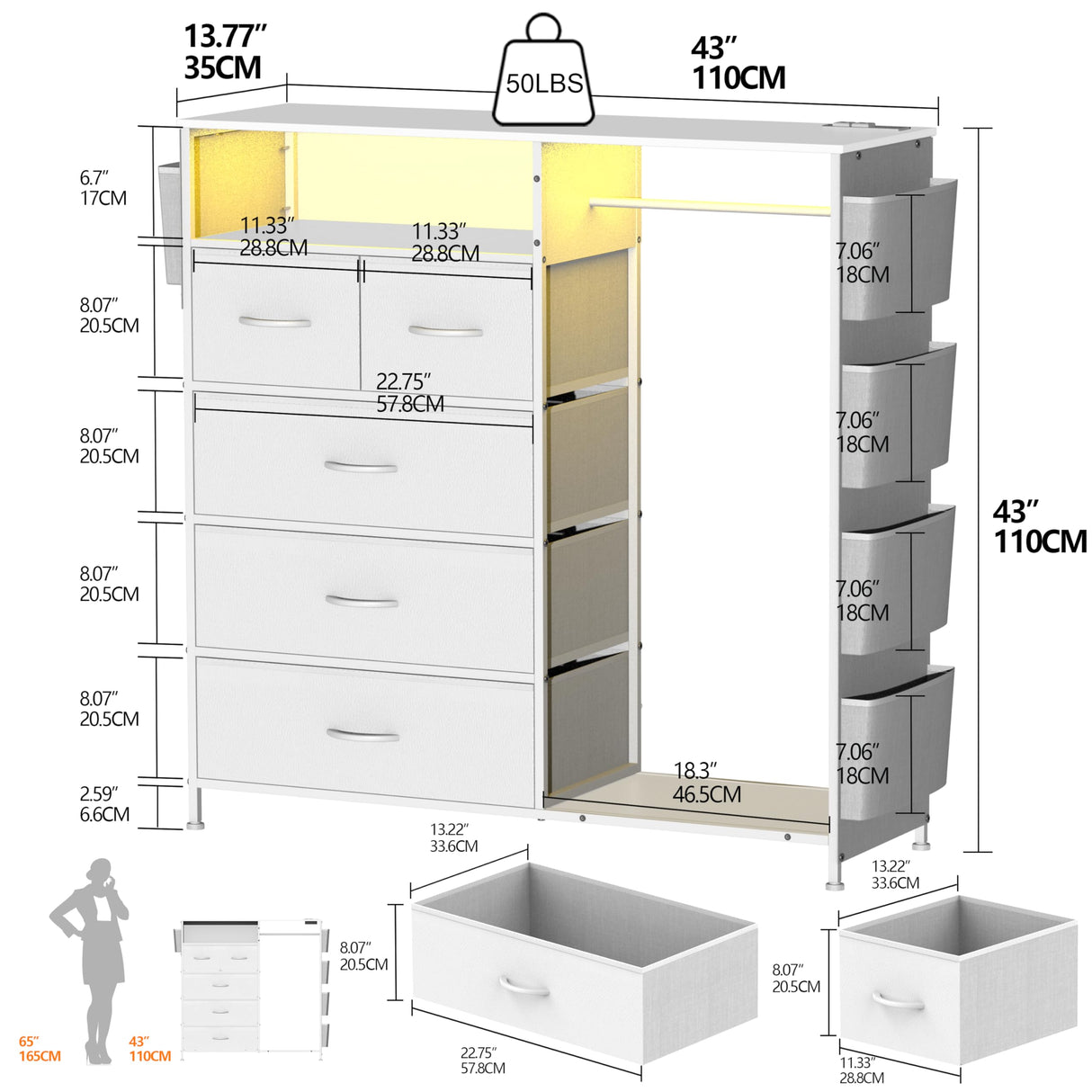Espelism Dresser for Bedroom with Clothes Rack & Side Pockets White 5 Drawers Dresser with Charging Station & LED Lights Sturdy Steel Frame Wood Top Organizer Unit for Nursery Hallway Closet Espelism