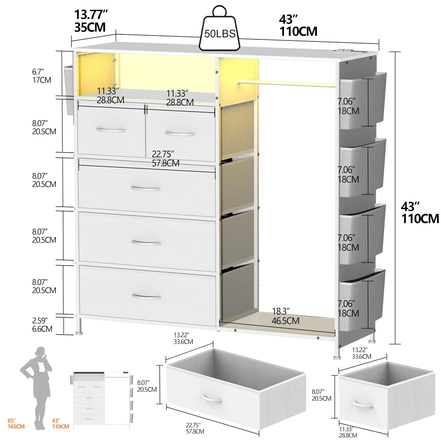 Espelism Dresser for Bedroom with Clothes Rack & Side Pockets White 5 Drawers Dresser with Charging Station & LED Lights Sturdy Steel Frame Wood Top Organizer Unit for Nursery Hallway Closet - WoodArtSupply