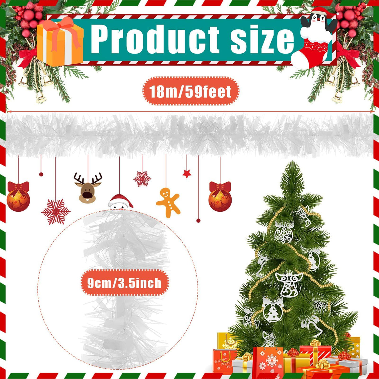 Dingion 59 Feet Christmas Tinsel Garlands Metallic Twist Garland Hanging Garland Ornaments for Halloween Christmas Tree Party Supplies Indoor and Outdoor Decoration(Shinny,White) Dingion