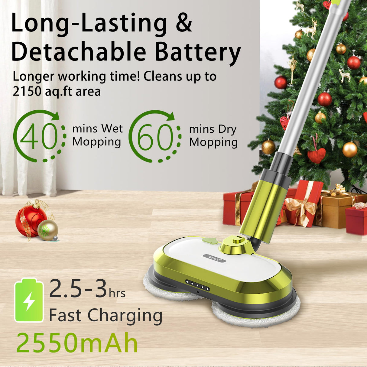Cordless Electric Mop, Electric Spin Mop with LED Headlight and Water Spray, Up to 60 mins Powerful Floor Cleaner with 300ml Water Tank & Detachable Battery, Super Quiet Cleaning & Waxing VMAI