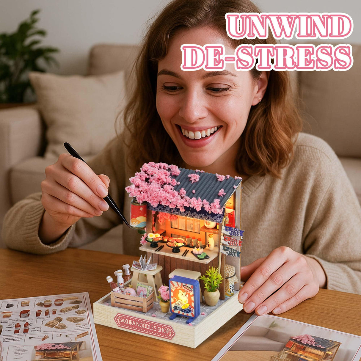 Kisoy Dollhouse Miniature with Furniture Kit, DIY 3D Wooden DIY House Kit with Dust Cover, Handmade Tiny House Toys for Teens Adults Gift (Sakura Noodles Shop) Kisoy