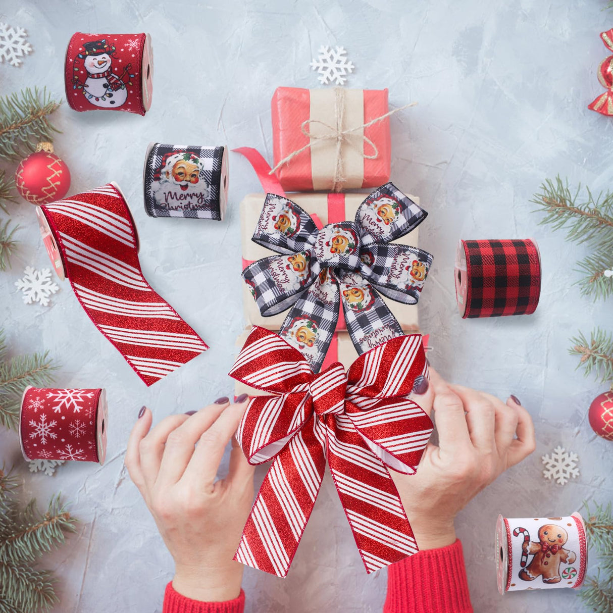 Rinoly Christmas Ribbon Wired 2.5 Inch, 6 Roll 30 Yards - Snowflake/Santa/Glitter Stripe/Buffalo Plaid Christmas Ribbon for Wreaths, Bows, Tree, DIY Crafts RINOLY