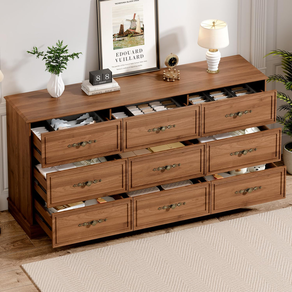 Chrangmay Dresser for Bedroom with 9 Drawers,63" Wide Modern Chest of Drawers with Metal Handle,Wooden Dresser TV Stand,Wood Closet Clothes Storage Organizer for Living Room,Hallway,Umber Chrangmay