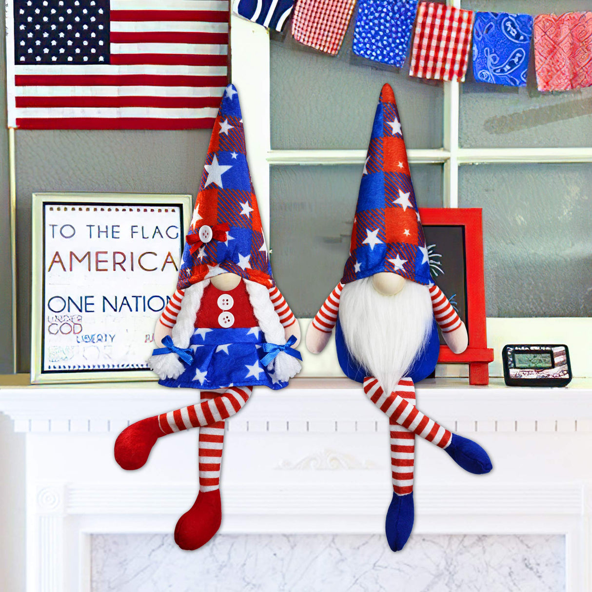2Pcs 4th of July Patriotic Gnomes Plush Decorations - Mr & Mrs Handmade Swedish Tomte Gnomes Ornaments for Patriotic Party Table Decor- Fourth of July Party Home Mantle Fireplace Decor Partyprops